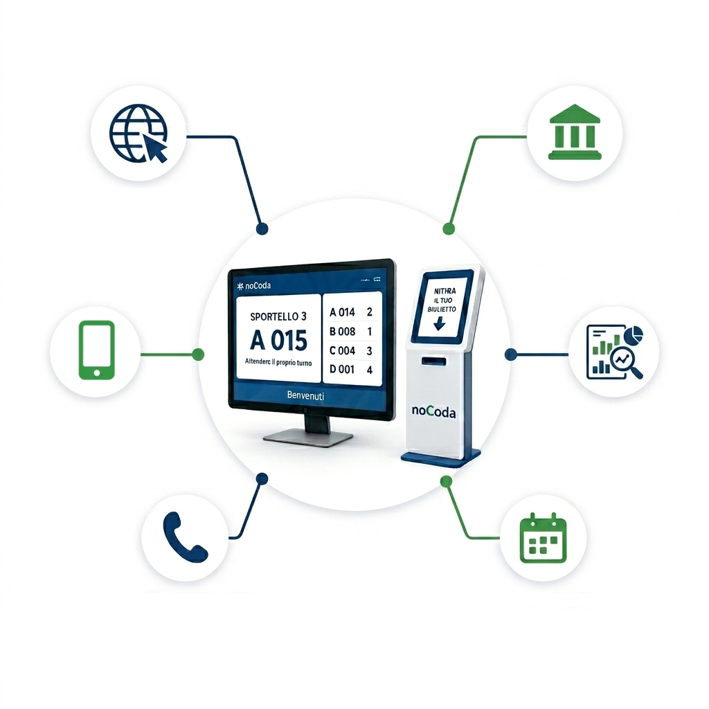 Diagram of the nocoda system: call display and kiosk with multichannel access